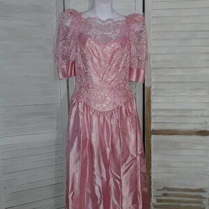 Union Made,  1980's, Vintage Dress, Size 10, Satin and Lace, Barbie Pink